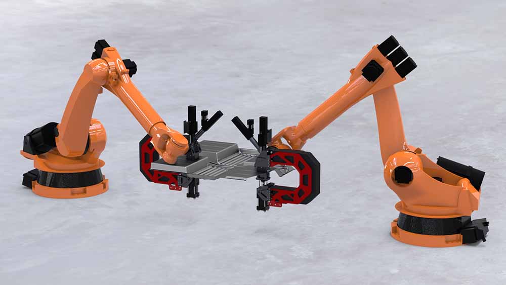 Die Robin-Spritzguss-Roboter sollen dafür sorgen, dass sich auch Leichtbauweisen für kleine Serien von Autobauteilen lohnen. Visualisierung: Leichtbauinstitut ILK der TU Dresden