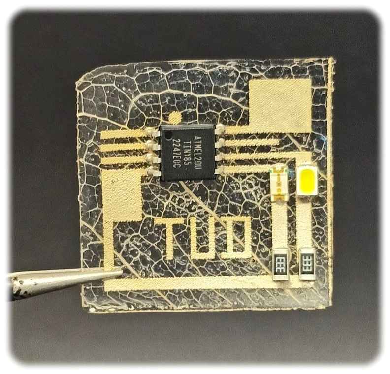 Leaftronic-Leiterplatte mit Schaltkreis. Foto: Kai Schmidt für die TU Dresden