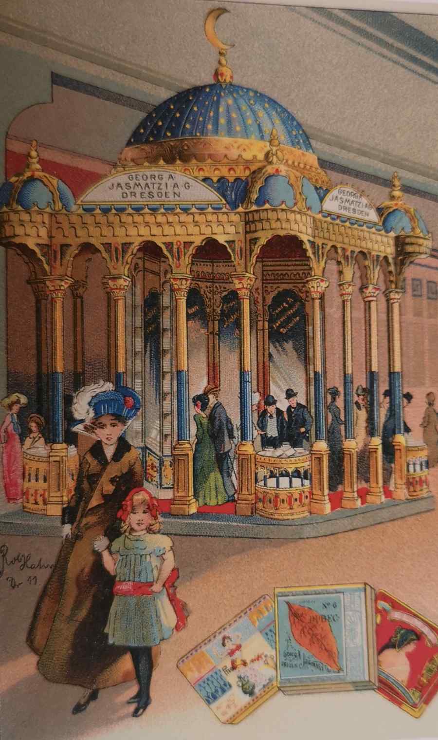 Diese Postkarte zeigt den Pavillon der Jasmatzi-Tabakfabrik auf der Internationalen hygieneausstellung 1911 in Dresden. Quelle: Stadtmuseum Dresden, Repro aus: Tabakrausch an der Elbe