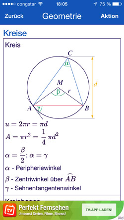 Im Kapitel Kreisgeometrie zum Beispiel kann man sich in der App "Das Tafelwerk" vergewissern, wie Umfang oder Inhalt eines Kreises berechnet werden. Abb.: BSF