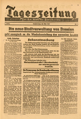 „Tageszeitung“ vom Mai 1945. Repro: SLUB Dresden