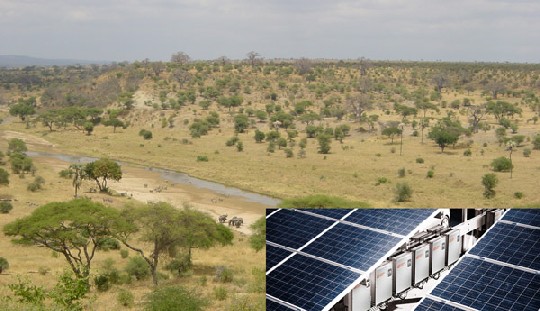 Gemeinsam mit Partnern wie Bosch und AE sorgt die Dresdner firma "Coool Case" dafür, dass stromlose Gegenden zum Beispiel in Afrika mit autarken Solarkraftwerken mit Energiespeichern ausgerüstet werden können. Montage: hw, Fotos: AE, ProfessorX, Wikipedia, Lizenz: Public Domain