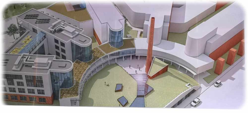 Die Visualisierung zeigt die bestehenden Riegel des Technologiezentrums Süd (rechts), den von Infratec errichteten Anbau in der Mitte und links die beiden geplanten neuen Riegel. Visualisierung: Infratec
