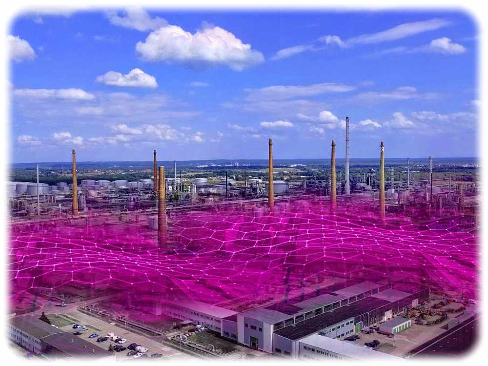 Die Visualisierung zeigt, wie sich die Deutsche Telekom ein 5G-Campusnetz für eine Raffinerie vorstellt. Grafik: Dt. Telekom