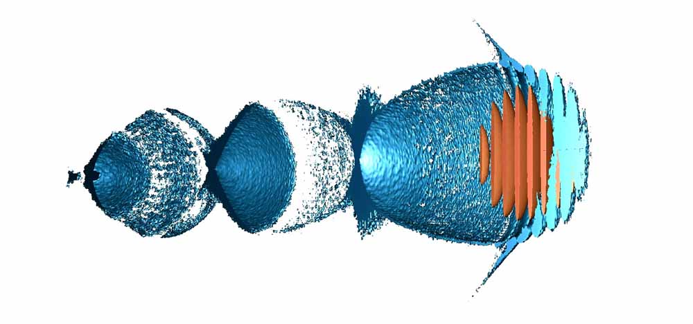 Eine Testsimulation zeigt wie ein ultrakurzer, hochintensiver Laserpuls in einem ionisierten Gas eine Plasmawelle treibt. Vergleichbar zu einem Surfer auf der Heckwelle eines Schnellbootes können so Elektronenpulse zu hohen Energien beschleunigt werden. Bild: HZDR