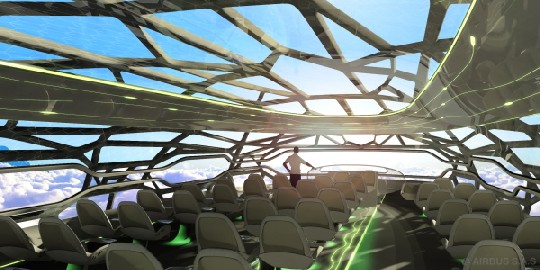 Bereits jetzt setzen einige Flugzeugbauer Leichtbau-Materialien wie Kohlenfaserstoffe ein, die Jets der Zukunft - hier eine Visualisierung von Airbus - werden voraussichtlich noch leichter gebaut. Energieautarke Sensoren sollen die Rissüberwachung übernehmen. Abb.: Airbus