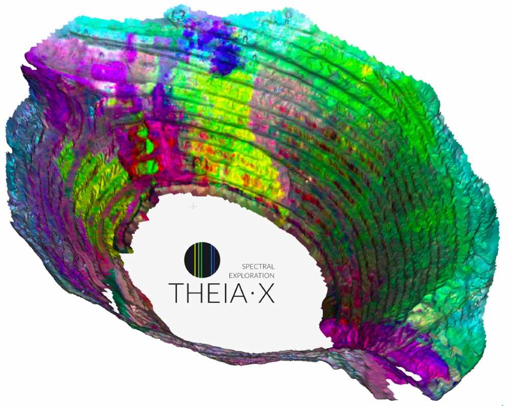 So sehen beispielsweise die 3D-Karten von TheiaX aus. Eine lernfähige Software wertet dafür unter anderem aus, welche Metalle die Multispektral-Sensoren an der Oberfläche entdeckt haben, und berechnet daraus eine Prognose über das unterirdische Vorkommen. Hier im Bild zu sehen ist die geschätzte Verteilung von Aluminiumhydroxiden im spanischen Tagebau Corta Atalaya. Abb.: TheiaX