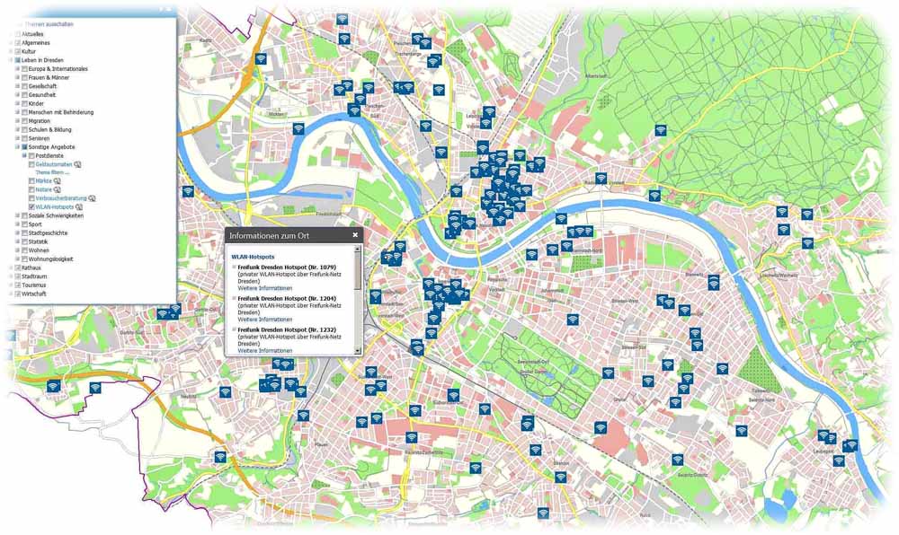 Der kommunale Themenstadtplan von Dresden kann WLAN-Sender anzeigen und hat noch rund 300 andere Themen in petto, seien es nun Bus-Haltestellem, Geldautomaten oder Stadtteilgrenzen. Bildschirmfoto von stadtplan2.dresden.de