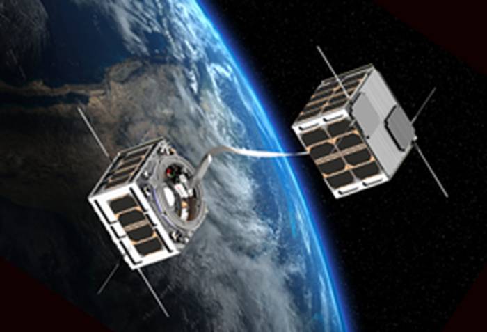 Visualisierung von Tether-Satelliten aus dem Vorgängerprojekt E.T.PACK. Visualisierung: https://etpack.eu via TU Dresden