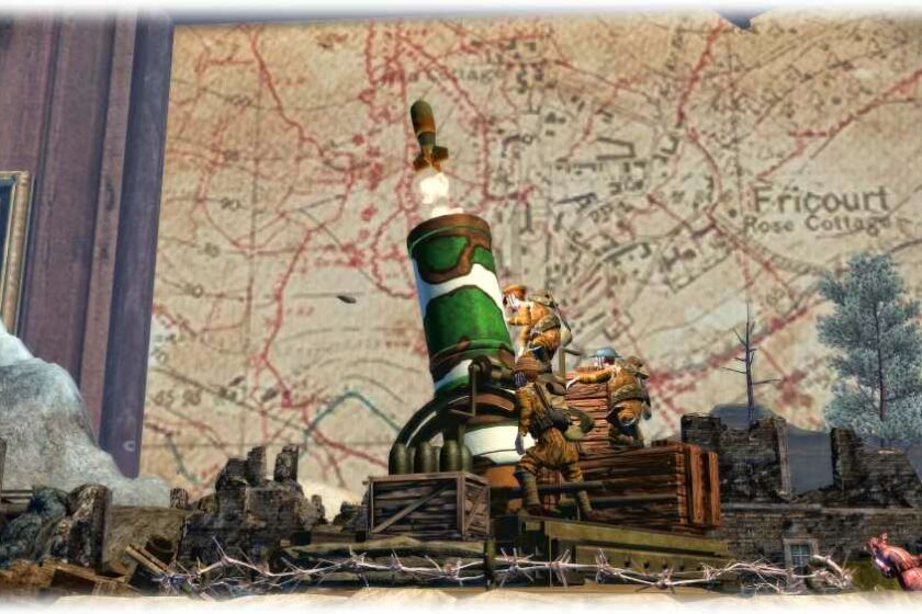 Etwas ahistorisch, aber steampunkisch anzusehen: Miniraketenwerfer auf dem Spielzeug-Schlachfeld des I. Weltkriegs. Bildschirmfoto (hw) aus: "Toy Soldiers"
