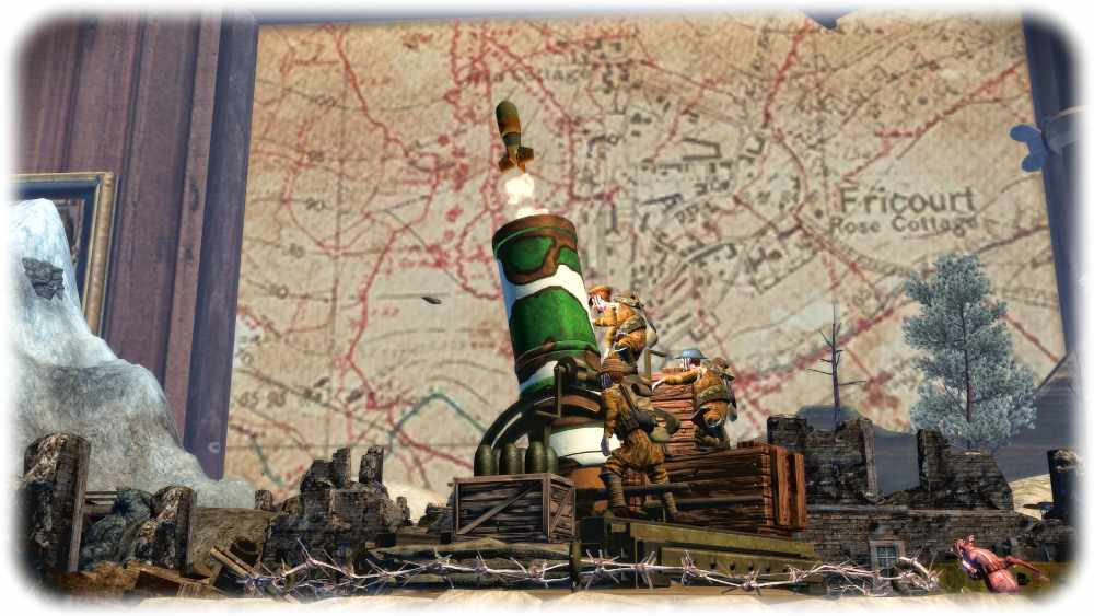 Etwas ahistorisch, aber steampunkisch anzusehen: Miniraketenwerfer auf dem Spielzeug-Schlachfeld des I. Weltkriegs. Bildschirmfoto (hw) aus: "Toy Soldiers"