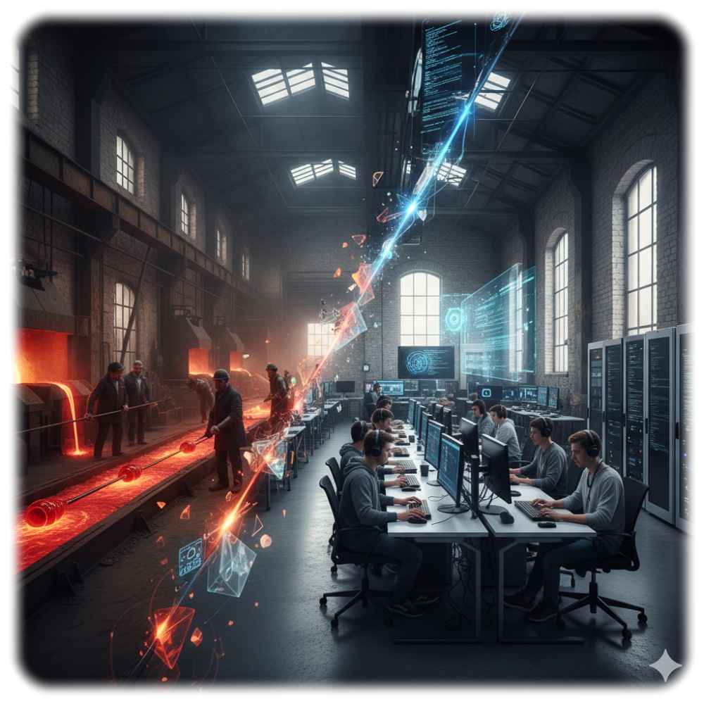 Sachsens Wirtschaft steckt mitten in einer neuen Transformationswelle, die Arbeitsplätze kostet - aber auch Chancen auf neue Technologiezweige, Wertschöpfung und Jobs birgt. Die Wirkungen auf dem Arbeitsmarkt sind derzeit paradox. Visualisierung: KI Gemini, Prompt: Heiko Weckbrodt Transformation, Glaswerk, Softwareschmiede