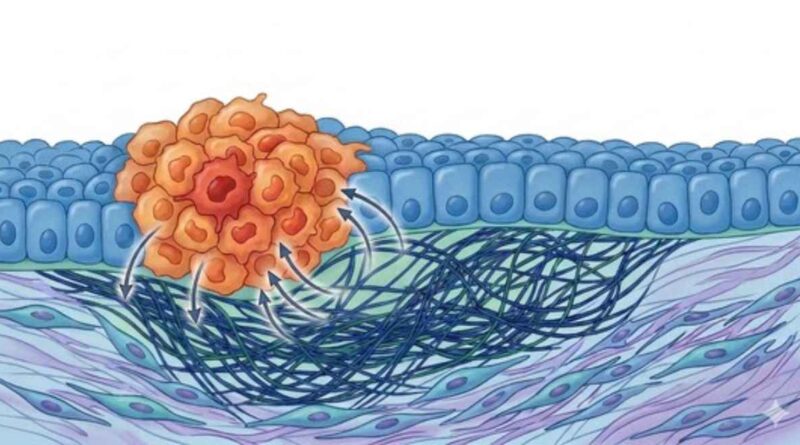Frühe Tumorzellen verändern das umliegende Stützgewebe so, dass eine Umgebung entsteht, die ihr Überleben und weiteres Wachstum erleichtert. In diesen Prozess sind Bindegewebe, Fibroblasten und Immunzellen aktiv eingebunden. Abb.: adaptiert aus: Skrupskelyte, G. et al., Nature (2026)