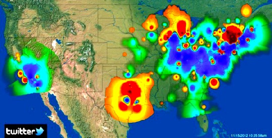 "Big Brain" analysierte live die Twitter-Aktivitäten und Meinungslage, als der Wirbelsturm "Sandy" auf die Ostküste der USA traf. Abb.: SGI