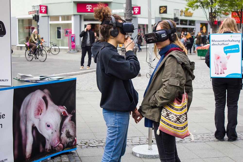 Mit VR-Brillen und Panorama-Videos führen Tierschützer Passanten vor Augen, welch glückloses Leben Schweine, Hühner und andere Tiere unter dem diktat der Fleischindustrie führen. Foto: Julia Diedrich/ Albert-Schweitzer-Stiftung