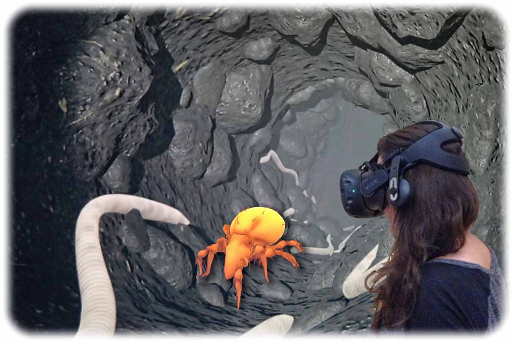 Mit Datenbrillen können Besucher der "Boden"-Ausstellung in einer VR-Höhle mit winzigen Erdbewohnern durch unterirdische Gänge krabbeln. Montage: Uwe Vaartjes