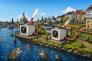 Künftig sollen Großwärmepumpen auch die thermische Energie von Elbe, Abwasser und Weißeritz in Dresden nutzen, um das Fernwärmenetz der Stadt zu speisen. Visualisierung: KI ChatGPT, Prompt: Heiko Weckbrodt