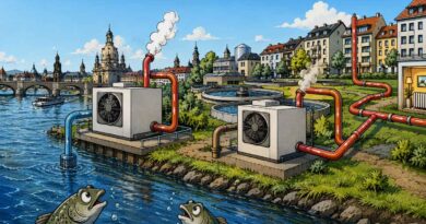 Künftig sollen Großwärmepumpen auch die thermische Energie von Elbe, Abwasser und Weißeritz in Dresden nutzen, um das Fernwärmenetz der Stadt zu speisen. Visualisierung: KI ChatGPT, Prompt: Heiko Weckbrodt