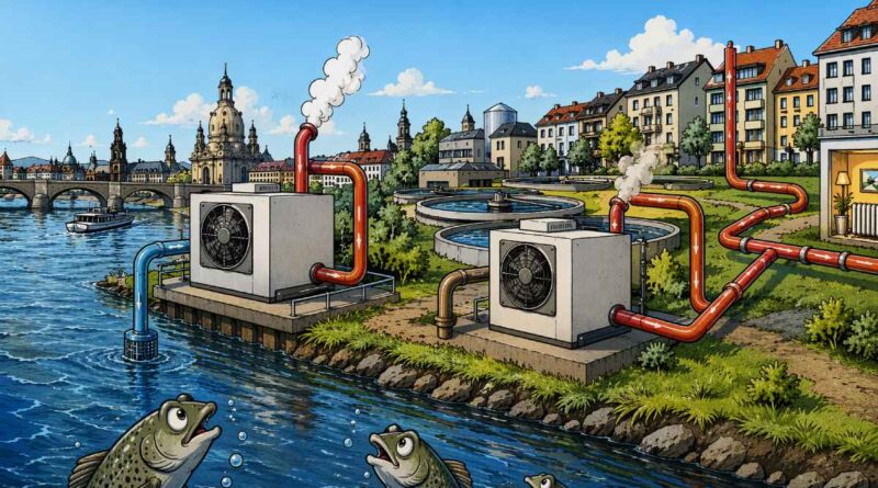 Künftig sollen Großwärmepumpen auch die thermische Energie von Elbe, Abwasser und Weißeritz in Dresden nutzen, um das Fernwärmenetz der Stadt zu speisen. Visualisierung: KI ChatGPT, Prompt: Heiko Weckbrodt