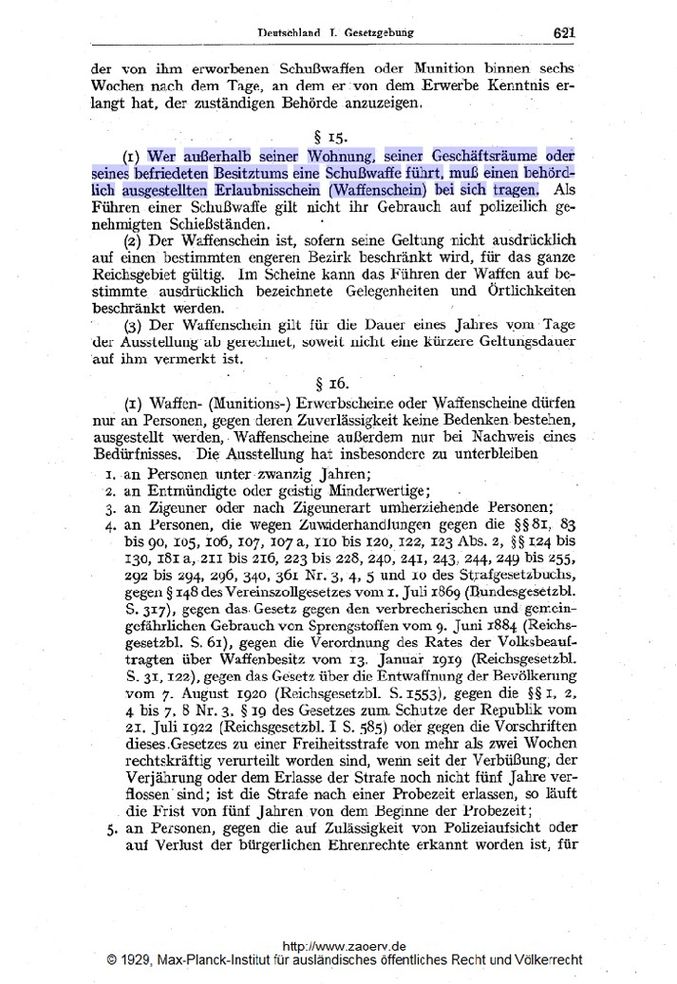 Auszug aus dem Reichs-Schußwaffengesetz von 1928. Quelle: zaoerv.de/ MPI für ausländisches öffentliches Recht und Völkerrecht