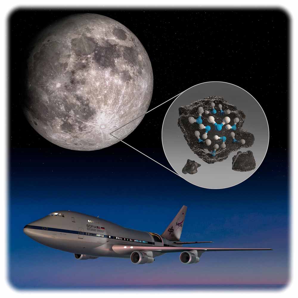 Die Illustration veranschaulicht das fliegende Teleskop Sofia und das im Mondkrater "Clavius" entdeckte Wasser. Grafik: Nasa