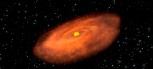 Die Visualisierung zeigt die planetenträchtige Gasscheibe um TW Hydrae. Abb.: ESA–C. Carreau