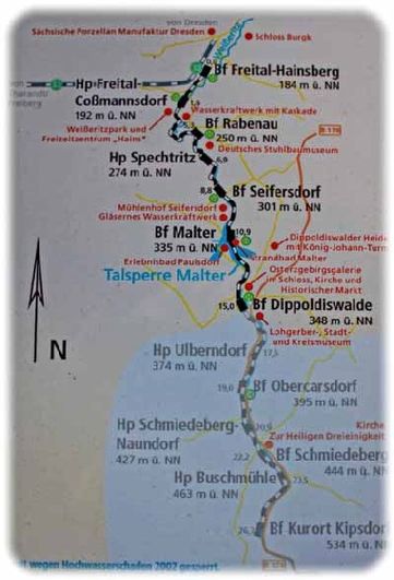 Der Streckenplan der Weißeritztalbahn: Der Abschnitt zwischen Dippoldiswalde und Kipsdorf soll nun endlich wieder aufgebaut werden. Repro: Peter Weckbrodt
