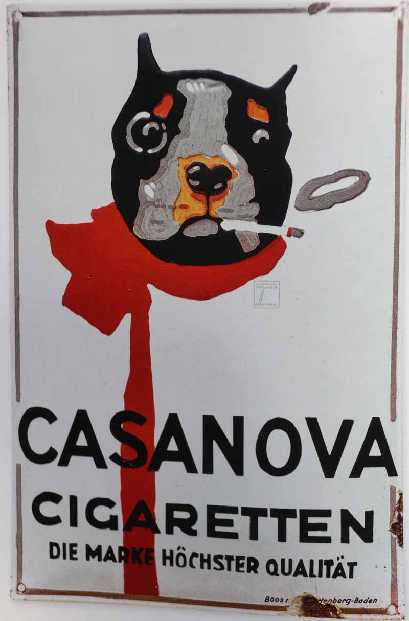 Mit einer rauchenden Bulldogge, entworfen von Ludwig Hohlwein, warben die Cananova-Zigarettenwerke aus Berlin auf Blechschildern für ihre Tabalerzeugnisse. Repro aus: "Reklame. Verführung in Blech", Sandsteinverlag