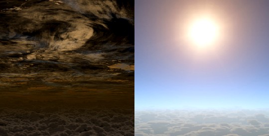 Viele Exo-Planeten außerhalb unseres Sonnensystems haben anscheinend eine so dichte und wolkige Atmosphäre, das sie für unsere Teleskope undurchdringlich sind, wie die künstlerische Visualisierung links zeigt. Auf "HAT-P-11b" (rechts) herrscht dagegen eitel Sonnenschein, wie US-Astronomen nun herausgefunden haben. Visualisierung: NASA/JPL-Caltech