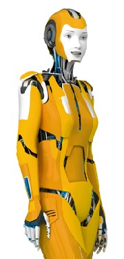 Das neue Maskottchen des Unternehmens ist eine Roboterin. Zwar arbeitet das Dresdner Unternehmen nicht wirklich mit humanoiden Robotern, rechnet aber damit, das solche künstlichen Arbeitskollegen in vielen Fabriken Einzug halten werden. Visualisierung: Xenon