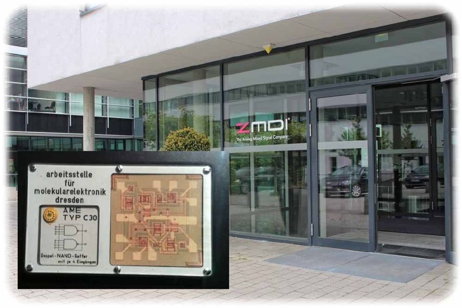 1961 als Arbeitsstelle für Molekularelektronik (kleines Foto) in Dresden gegründet, dann zur zentralen Chip-Entwicklungsschmiede der DDR entwickelt und nun an die US-Firma IDT verkauft: Das ZMDi. Fotos (2): Heiko Weckbrodt