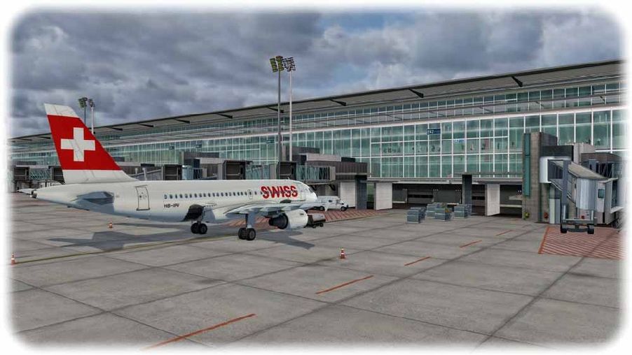 Willkommen in der Schweiz - im Flugsimulator-Zusatzpack "Mega Airport Zürich 2.0" sogar schon mit neuem Flughafen-Terminal, das in der Realität noch auf sich warten lässt. Abb.: BSF
