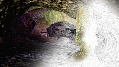 Das 3D-Modell der Höhle auf Borneo in einem Zwischenstadium mit Geometrienetz und teilweise überblendeter Textur. Abb.: Bernd Hetze