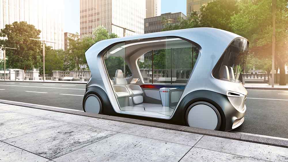 Bosch will zur CES 2019 sein Konzept für ein autonomes elektrisches Sammelfahrt-Shuttle vorstellen. Visualisierung: Bosch