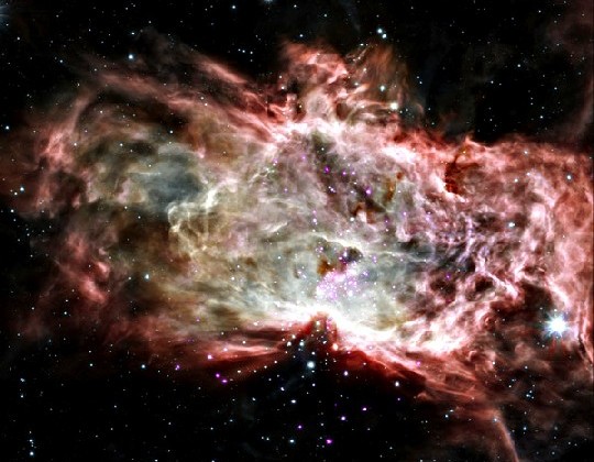 Die Bildcollage aus Fotos mehrerer Wellenlängen zeigt einen Nebel, in dem Sterne entstehen. Abb.: NASA