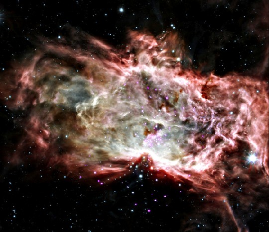 Die Bildcollage aus Fotos mehrerer Wellenlängen zeigt einen Nebel, in dem Sterne entstehen. Abb.: NASA