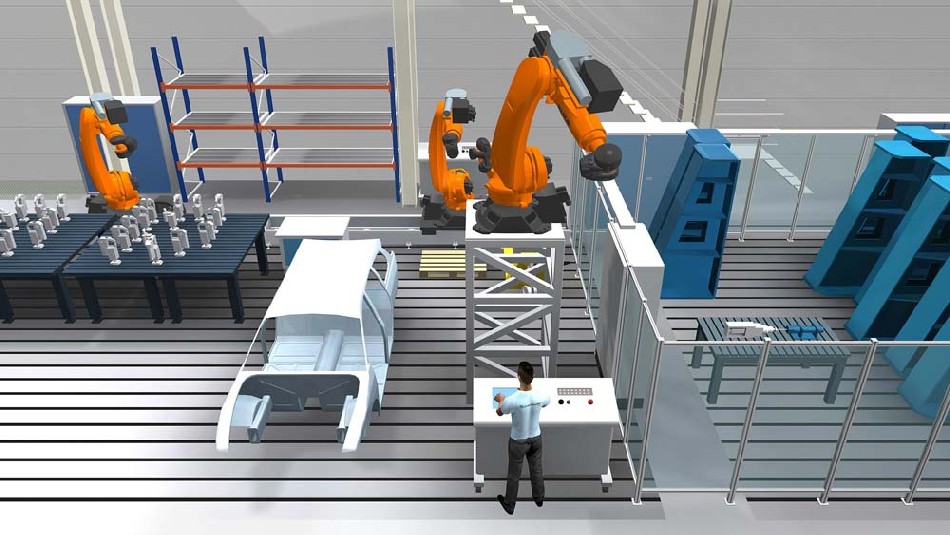 Mensch und Roboter sollen eng in der Fabrik der Zukunft zusammenarbeiten. Visualisierung: Fraunhofer IWU