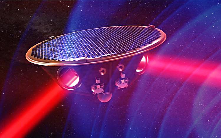 Die Visualisierung zeigt, wie die LISA-Sonden ab 2034 eine lasergestützte riesige Antenne für Gravitationswellen im Al aufspannen sollen. Visualisierung: AEI/MM/exozet; GW-Simulation: NASA/C. Henze