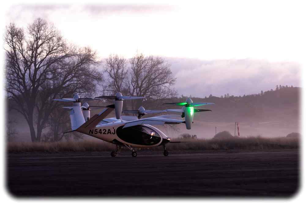 Das elektrische Lufttaxi von Joby Aviation auf dem Textfeld des Unternehmens in Kalifornien. Foto: Joby Aviation