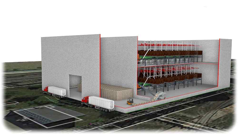 Die Visualisierung zeigt, wie die Fabrik im Industriepark "Schwarze Pumpe" künftig auf zwei Etagen 200 Pyrolyse-Module aufnehmen soll, um 200 Tonnen Kunststoffmüll pro Tag zu verwerten. Grafik: Enespa