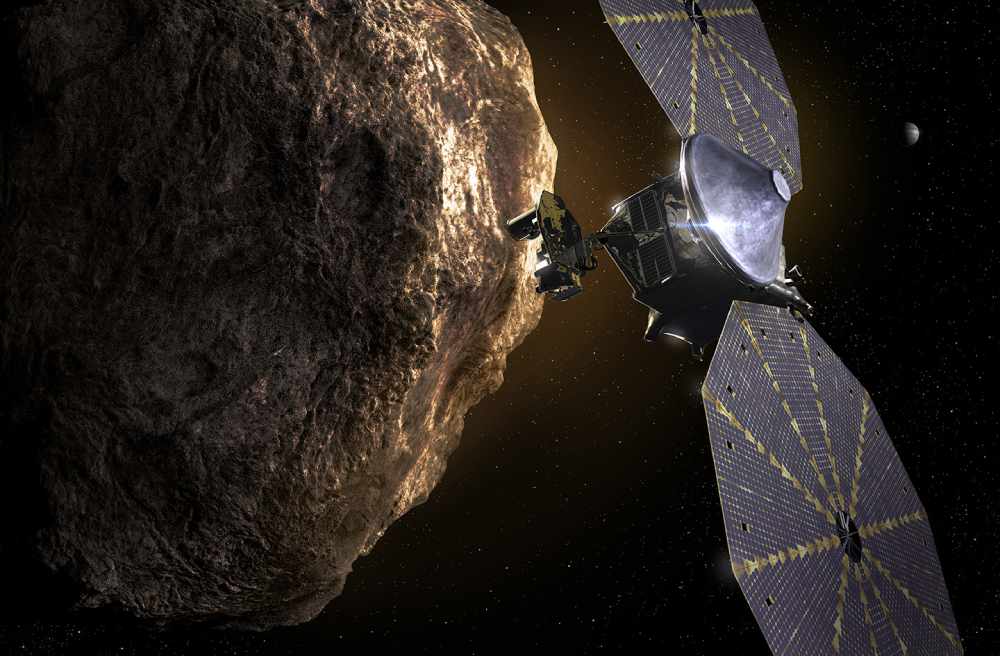 Die künstlerische Illustration zeigt Lucy beim Vorbeiflug an einem Trojaner-Asteroiden. Abb.: Southwest Research Institute