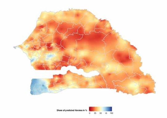 Mit den Handy-Metadaten erstellte Verteilungskarte der Lesekundigen im Senegal (Blau: 100 %, tiefrot: keine). Grafik: Timo Schmid, FU Berlin