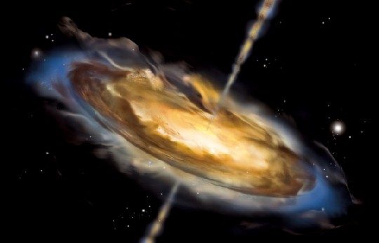 Die künstlerische Visualisierung zeigt, wie das Schwarze Loch in einen Fressnest aus kosmischem Staub und Gas hockt. Abb.: NASA 