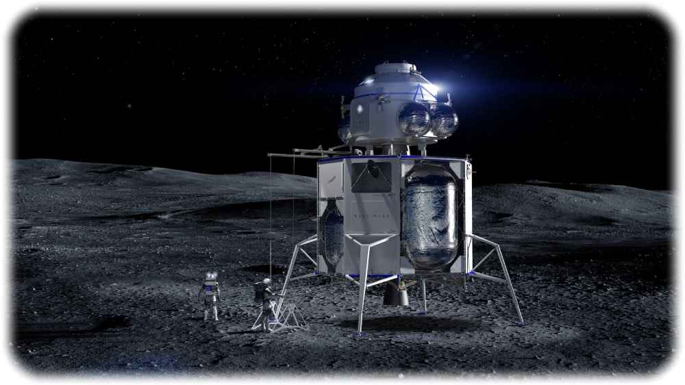 Blue Origin arbeitet an Raketen und Landefähren für eine bemannte Mondmission. Hier ist eine Visualisierung des geplanten Landemoduls "Blue Moon" zu sehen. Visualisierung: Blue Origin