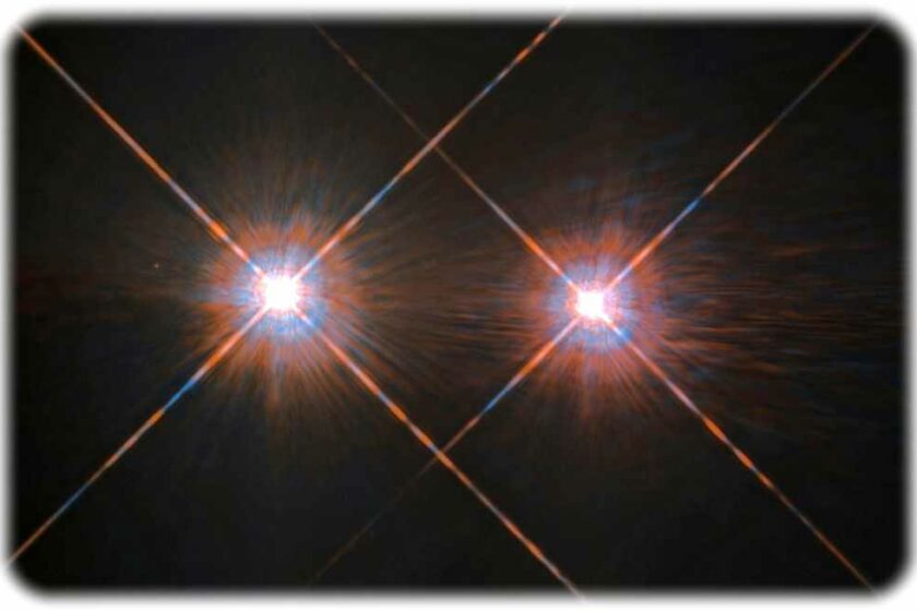 Das sind die bisher besten Aufnahmen, die der Menschheit durch das Hubble-Teleskop von unserem Nachbar-Sonnensystem vorliegen, das aus drei Sternen besteht: dem hier nicht sichtbaren roten Zwerg Proxima Centauri sowie dem Doppelgestirn Alpha Centauri A (links) und B (rechts). Abb.: ESA/NASA