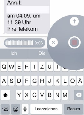 Wie bei "WhatsApp" kann man in iMessage-SMS nun live Sprachaufnahmen einfügen, indem man etwas länger auf das Mikro-Symbol rechts unten tippt. Abb.. BSF