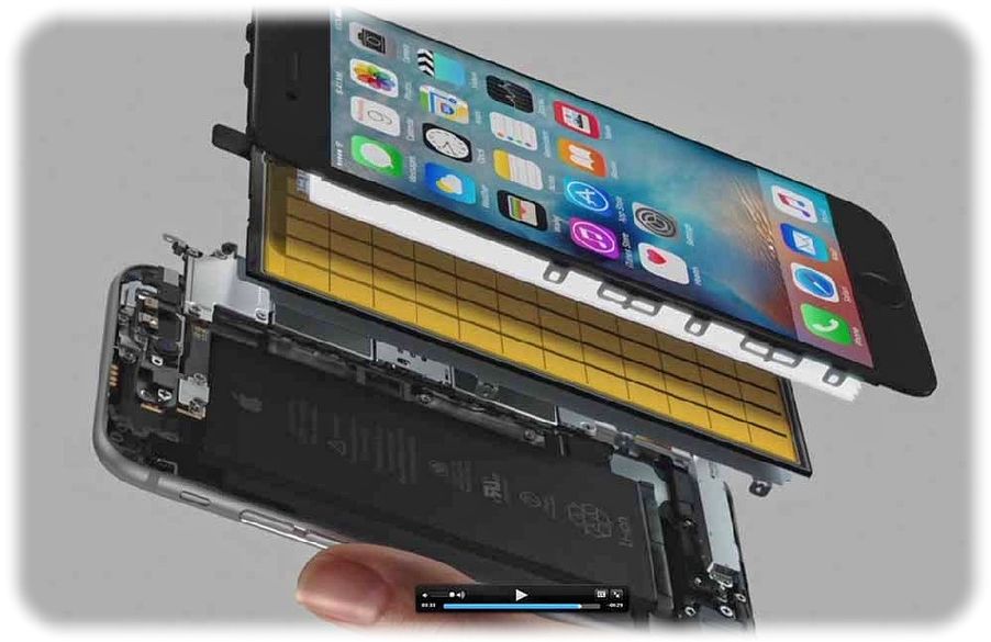 Die Explosionsansicht zeigt die Sensorschicht unter dem Display im iPhone 6s, die die 3D-Gesten ausmisst. Abb.: Apple