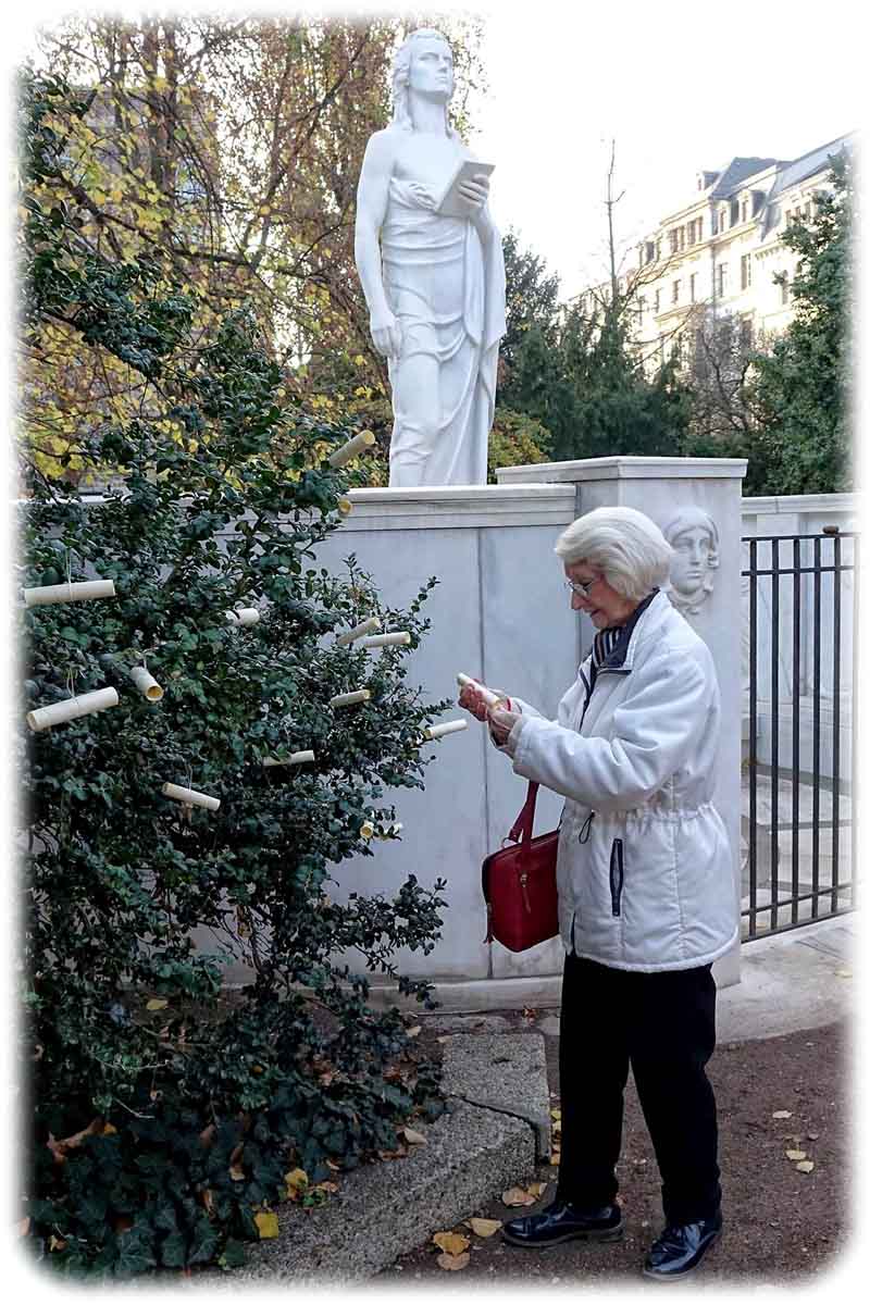 Hannelore Hoffmann aus Dresden pflückt sich eine „Schillerlocke“ vom Strauch neben dem Schillerdenkmal am Dresdner Albertplatz. Foto: Jürgen Münster