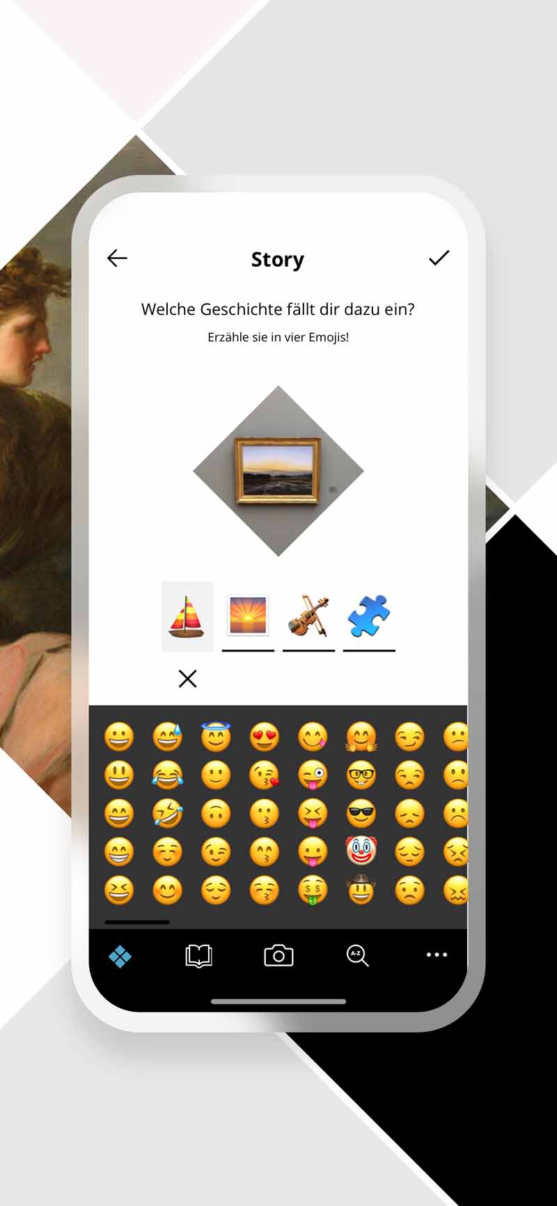 Aus Emojis kann man sich zum gewählten Kunstwerk und Titel eine kleine Geschichte in vier Ikons ausdenken. Abb.: SKD