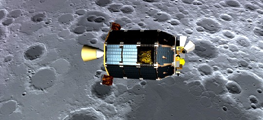 Das Roboter-Raumschiff LADEE umkreist in dieser Visualisierung bereits den Mond. Visualisierung_ NASA Ames / Dana Berry